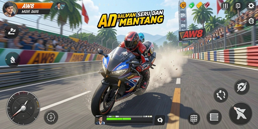 Tampilan gameplay seru saat balapan motor di AW8.