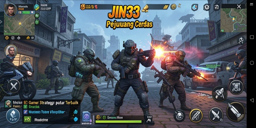 Tangkapan layar gameplay JIN33 yang menampilkan pertempuran dan pembangunan.