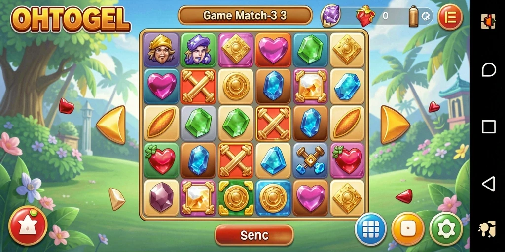 Screenshot gameplay OHTOGEL menampilkan kombinasi benda warna-warni dalam Match-3.