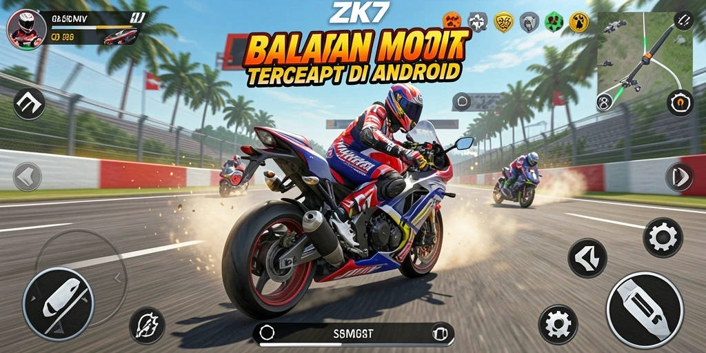 Gameplay seru ZK7 dengan balapan motor di trek menantang.
